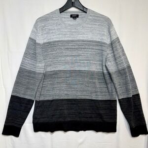 Alfani Mens Regular Fit Cotton Crew Neck Colorblock Stripe Sweater Grey Black L